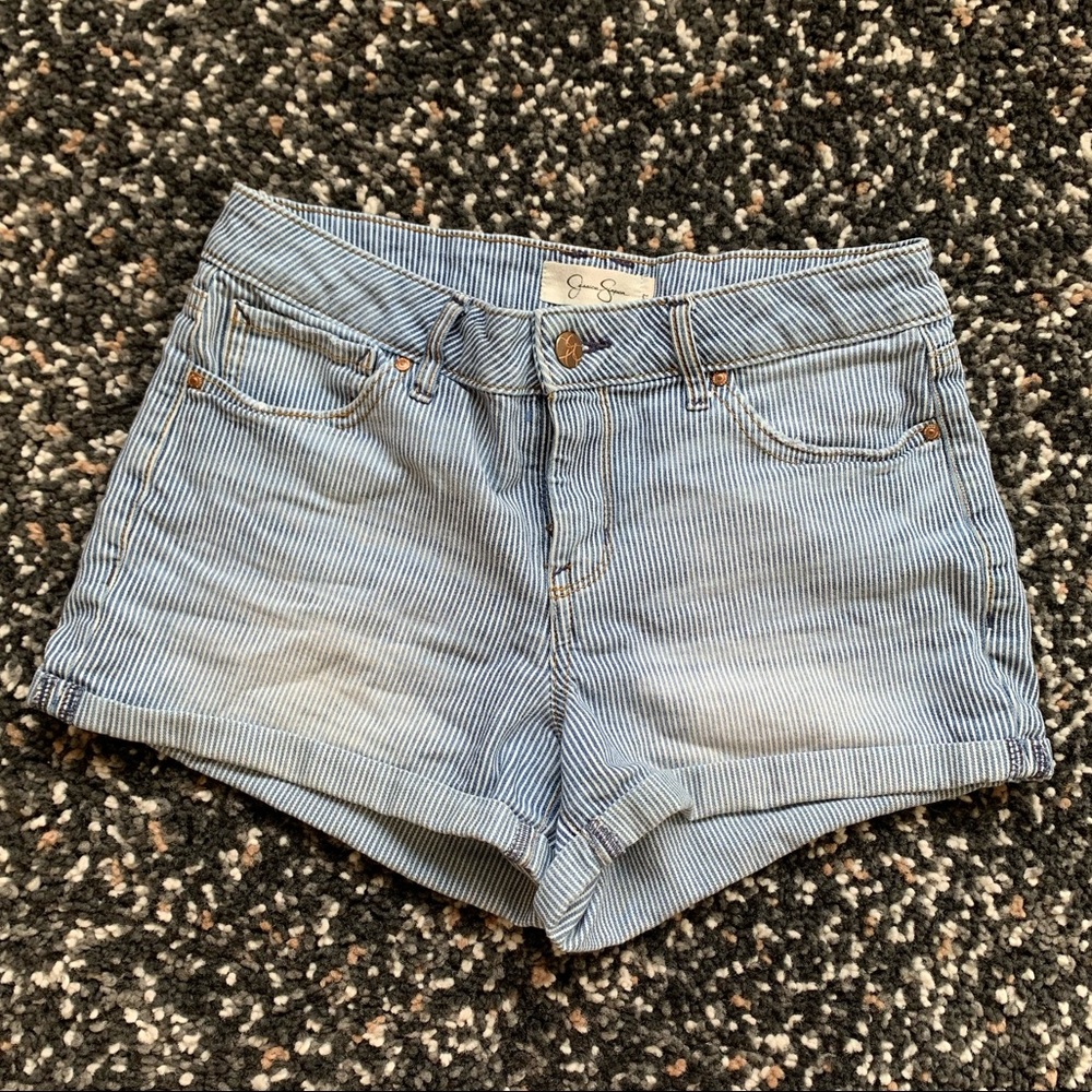 Pinstripe striped jean denim short shorts cuffed
